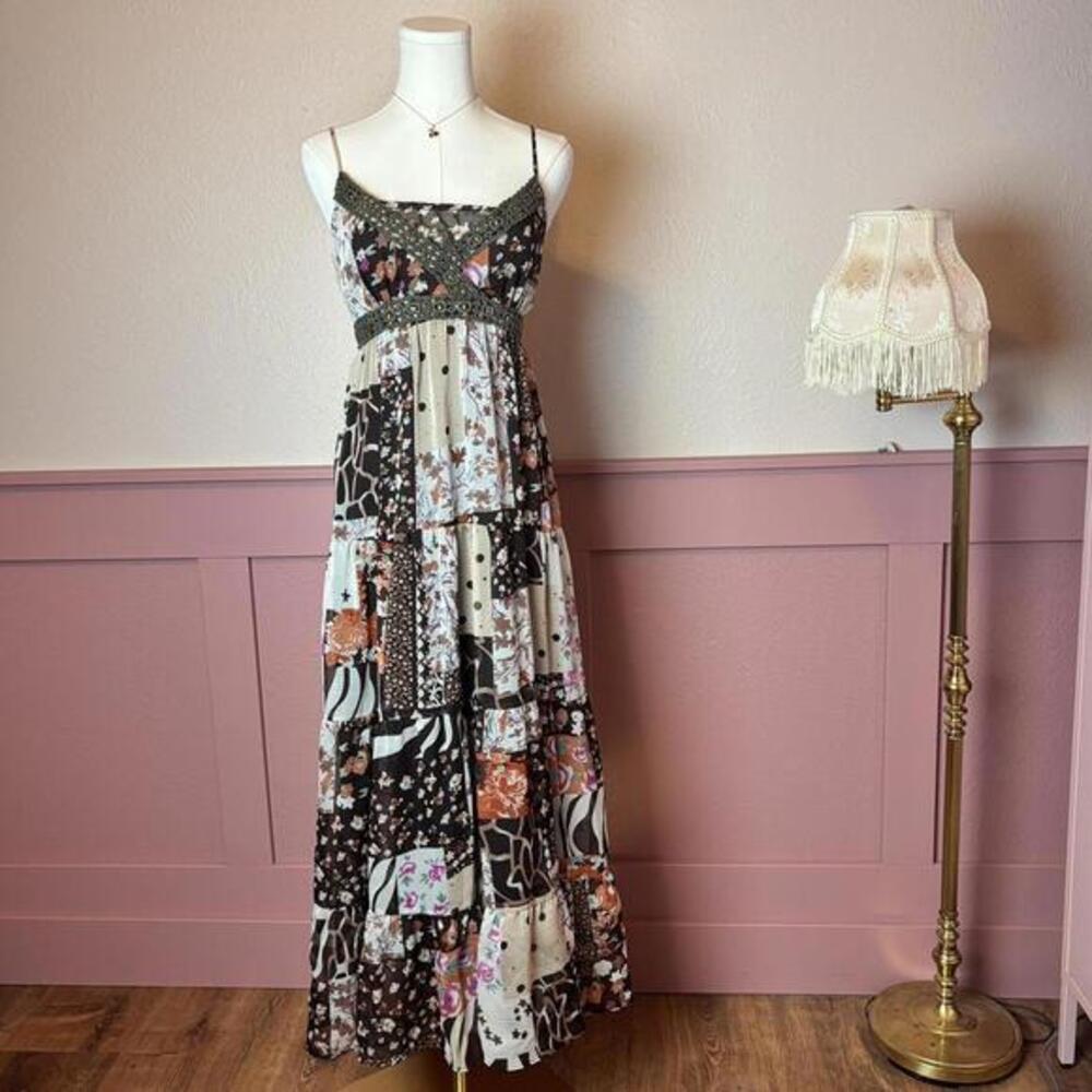 cottage garden fairy patchwork vtg tie back maxi dress lipstick babydoll floral